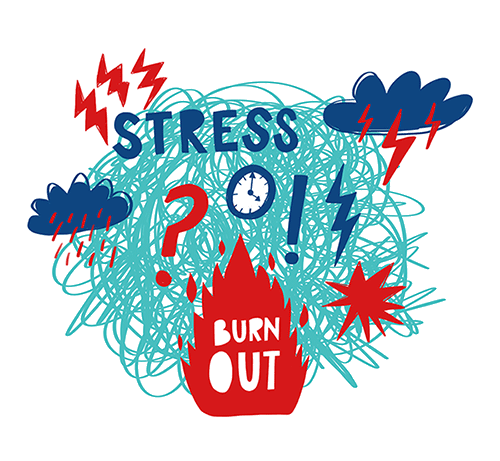 An animation with illustrations of stressful images such as clok and exclamation mark, and a fire burning and burning out with the words 'burn out'