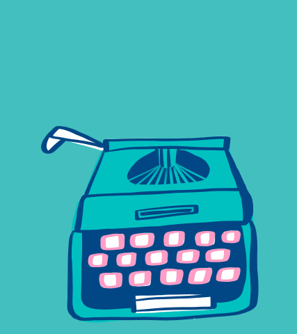 An animation showing a typewriter and paper coming out of it that says copywriting